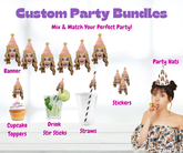 An advertisement image for a custom party bundles service, featuring a variety of party accessories such as hats, banners, straws, cupcake toppers, drink stir sticks, and cocktail picks, displayed alongside a visual of a woman holding a party hat.